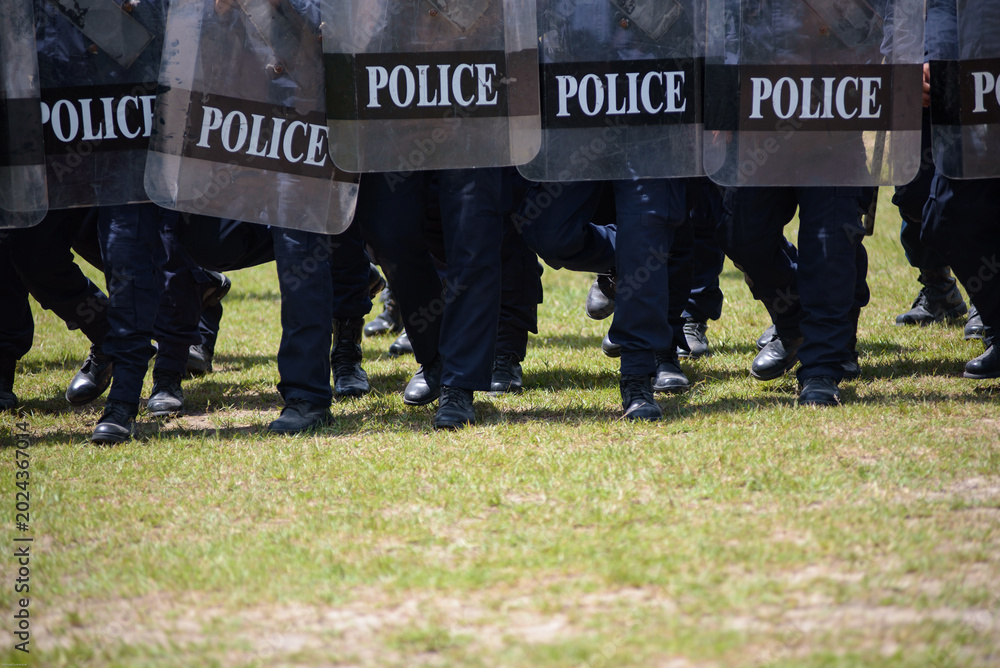 Fototapeta premium Riot police control the crowd practice and review on the grass field.