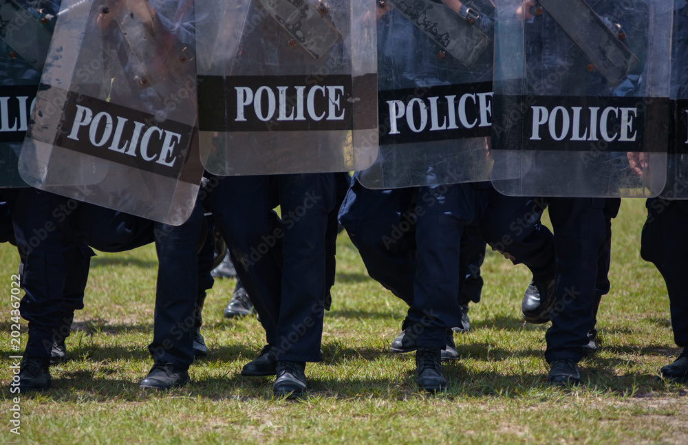 Fototapeta premium Riot police control the crowd practice and review on the grass field.