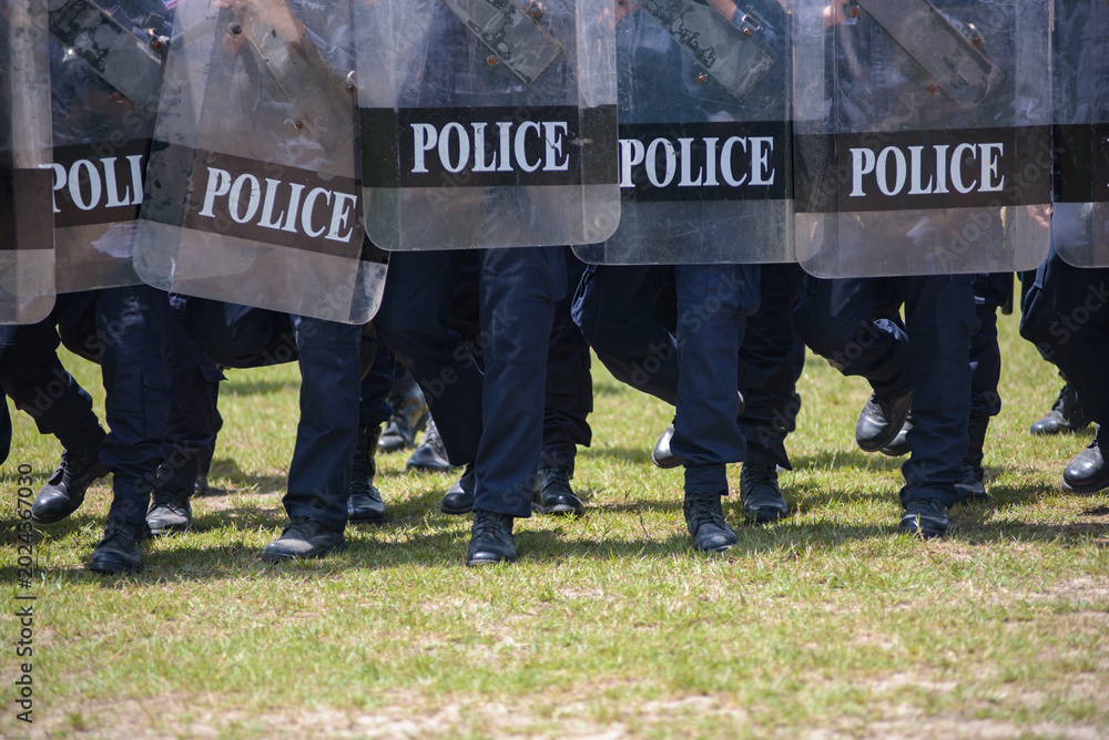 Fototapeta premium Riot police control the crowd practice and review on the grass field.