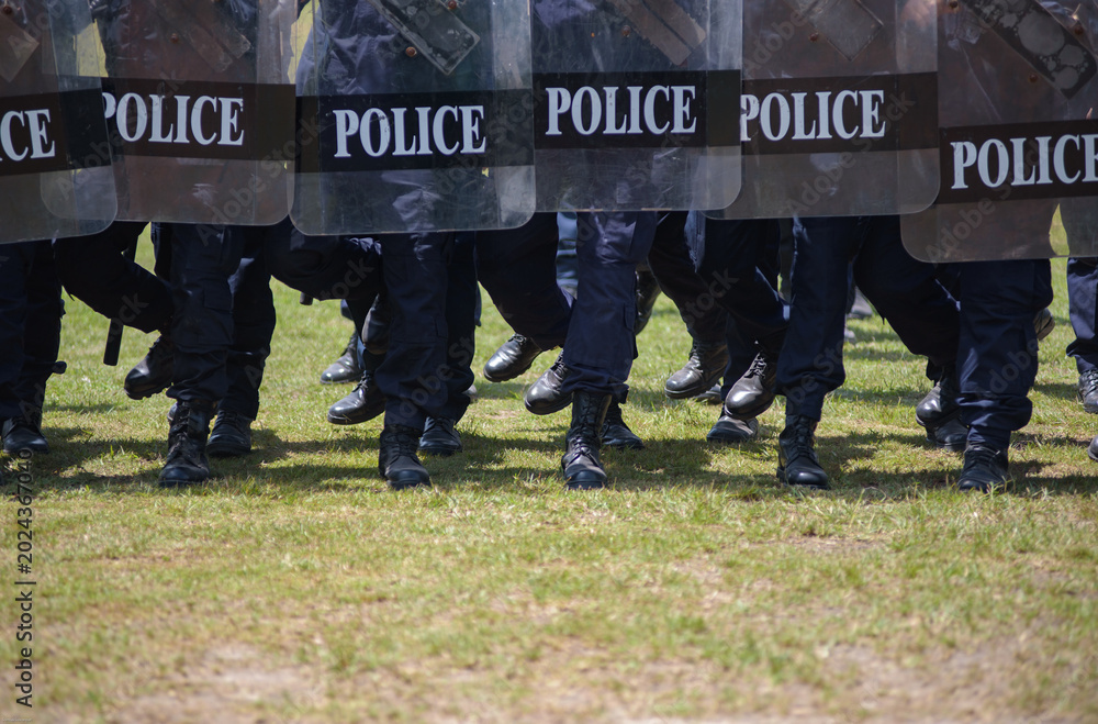 Fototapeta premium Riot police control the crowd practice and review on the grass field.