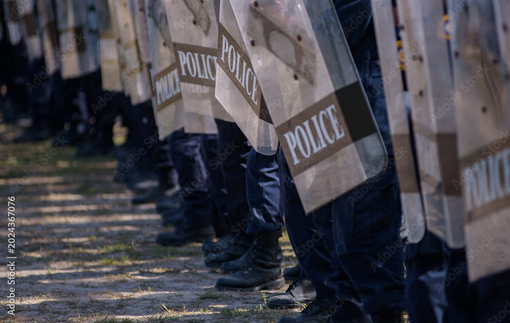 Fototapeta premium Riot police control the crowd practice and review on the grass field.