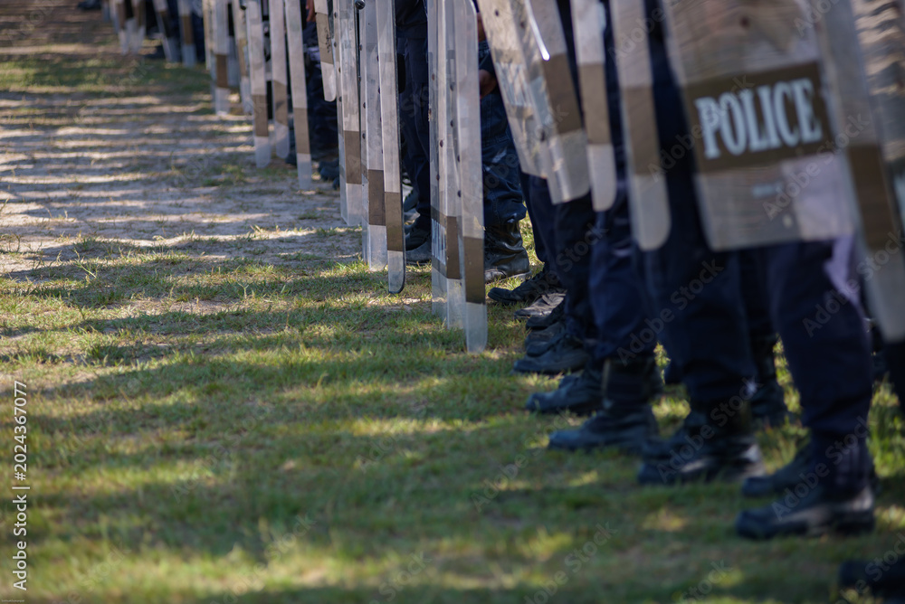 Fototapeta premium Riot police control the crowd practice and review on the grass field.