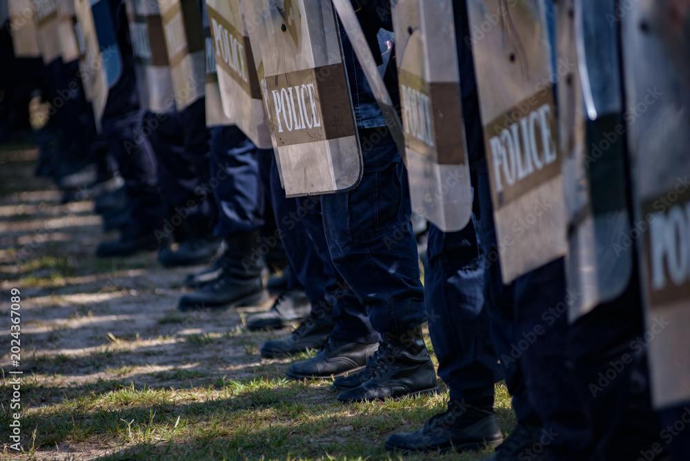 Fototapeta premium Riot police control the crowd practice and review on the grass field.