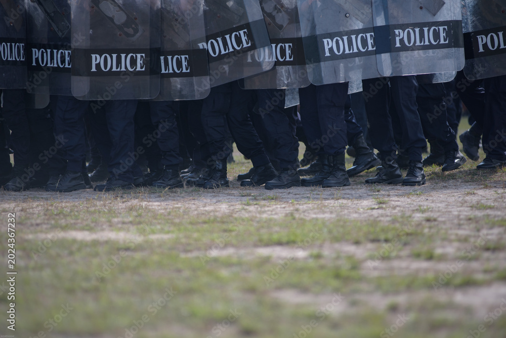 Fototapeta premium Riot police control the crowd practice and review on the grass field.