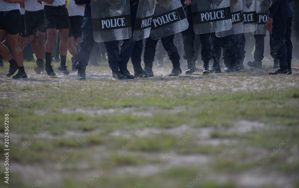 Fototapeta premium Riot police control the crowd practice and review on the grass field.