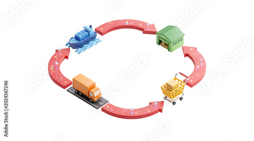 3D Isometric Concept of Global Supply Chain and Logistics Isolated On Transparent Background 