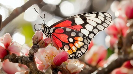 Vibrant Butterfly Perched on Blossoming Cherry Flowers in Springtime