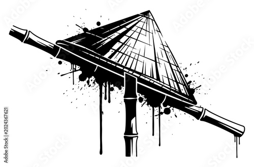 Traditional asian conical hat on bamboo poles in artistic ink drip style