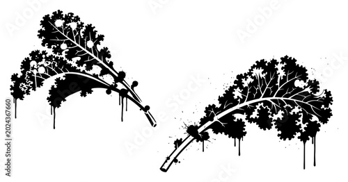 Cuadro en lienzo Kale leaves with organic branches in expressive ink splatter style