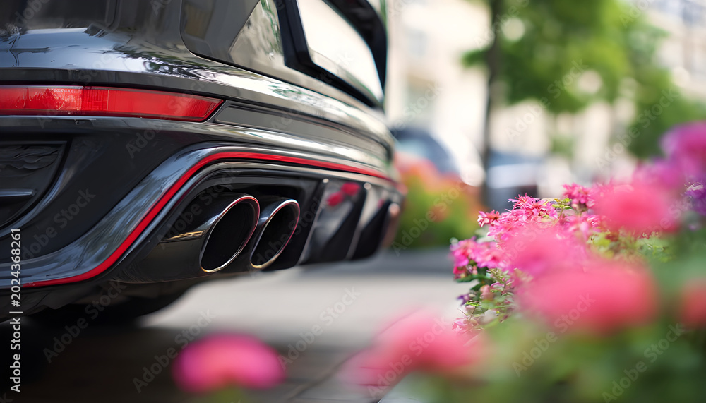 Fototapeta premium view of dual exhaust pipes and rear diffuser on a modern sports car parked outdoors, with blurred flowers in foreground