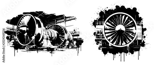 Photos Jet engine turbine assembly and fan blades for aircraft propulsion in industrial