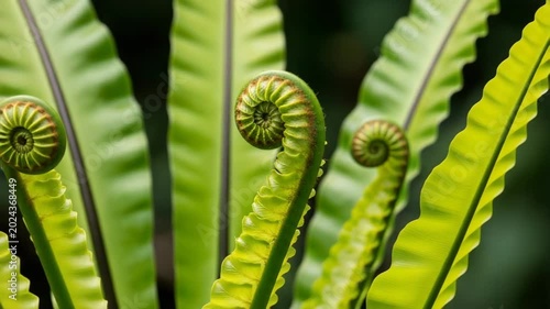 Green fern leaves with curled fronds in natural outdoor setting  timelapse bird nest fern crinkled new leaves 