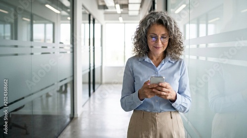 Happy middle aged business woman holding mobile cell phone using cellphone in office. Smiling mature old professional lady business owner entrepreneur using smartphone standing in hallway.