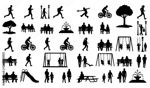 Foto Black silhouettes of people engaging in various outdoor activities in a park