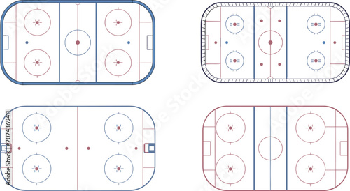 Photography Set of Ice Hockey Rink Vector Illustrations Including Top-Down Views, Hockey Fie