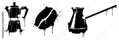 Bild auf Leinwand Moka pot coffee bean and cezve turkish coffee maker in grunge ink splatter style