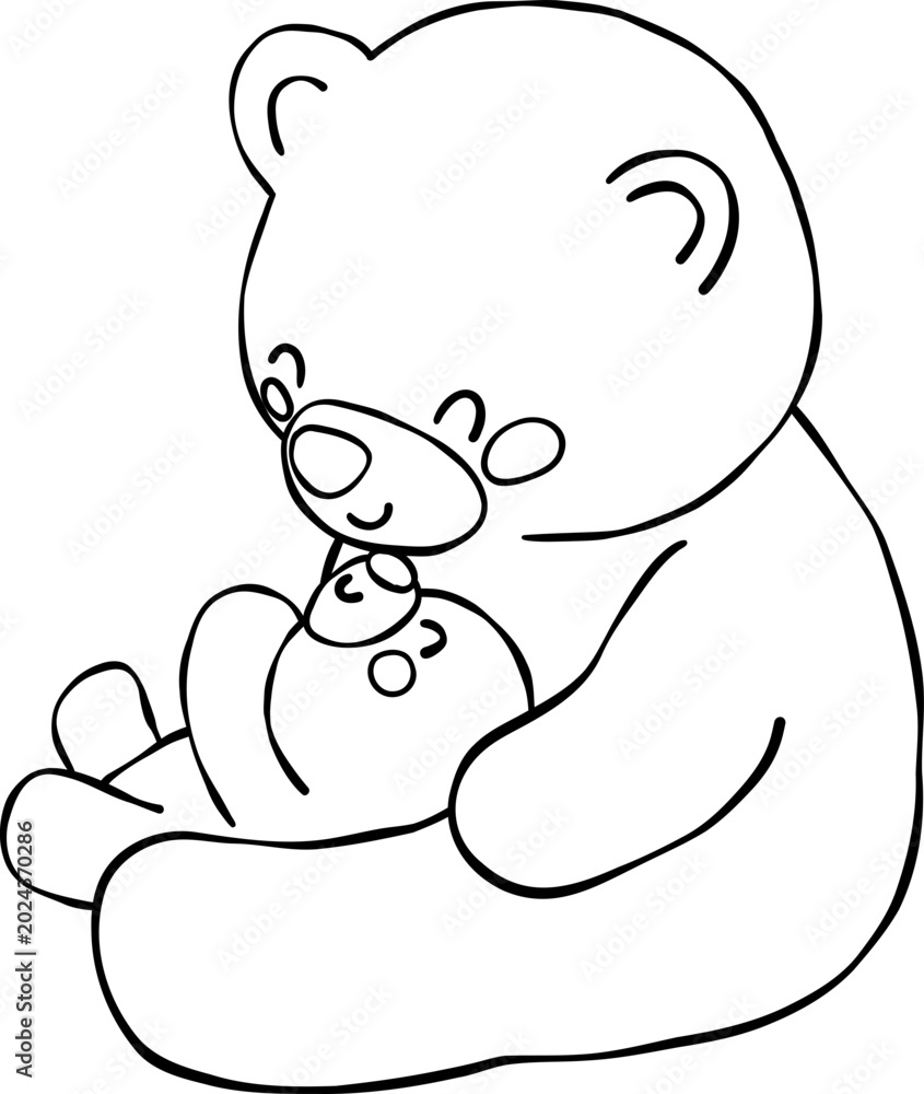 Obraz premium Outline hand drawing Mama and baby bear heartwarming love together