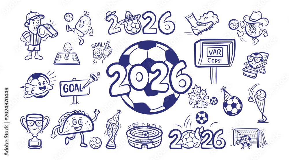 Fototapeta premium Hand Drawing line art World Cup Football vector elements set, Editable and unique vector illustration design of 2026 football world cup collection