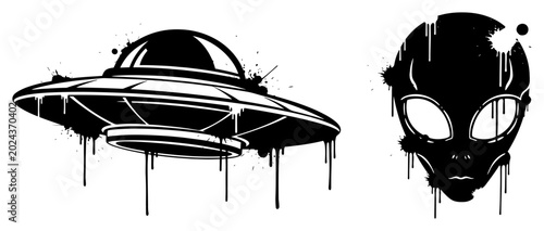 Fotografie Alien head and flying saucer UFO in artistic grunge ink splatter style