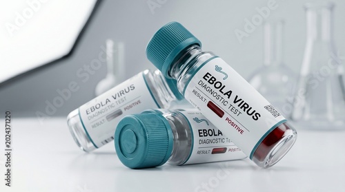 Ebola virus diagnostic test vials with positive medical results in laboratory. Scientific research on infectious disease pathology. Healthcare equipment for clinical biology analysis.
