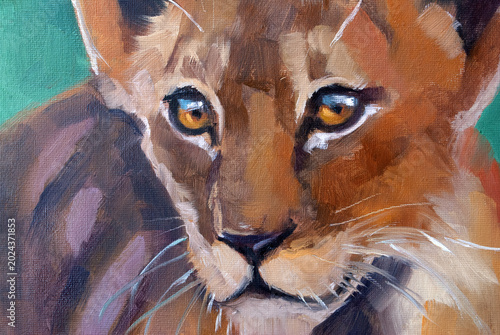 Bild auf Leinwand Ritratto artistico a olio di un cucciolo di leone con grandi occhi espressivi, d