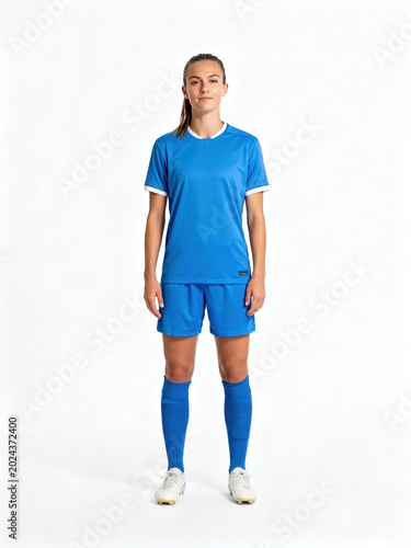 Athletic woman in blue football uniform standing for a studio portrait against a white backdrop.