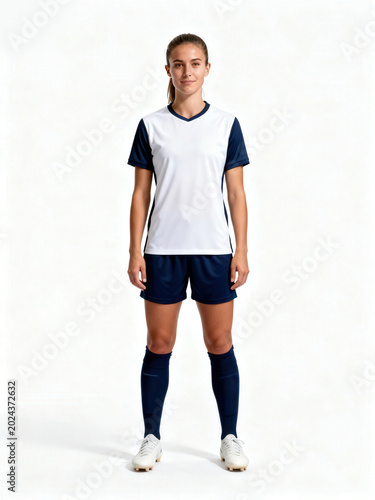 Confident female athlete posing in a soccer kit with white and navy colors in a studio setting.