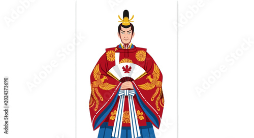 Photography Japanese Emperor in traditional red ceremonial robes holding a fan