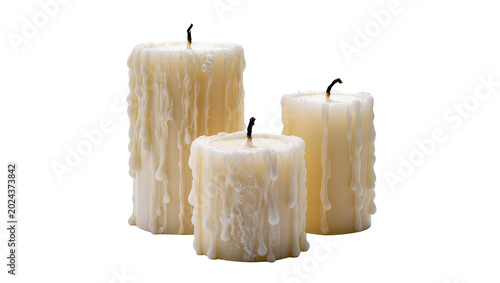 Canvastavla Three dripping wax candles with burnt wicks, isolated on transparent background
