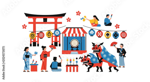 Obraz na plátně Japanese Festival Celebration with Torii Gate and Lion Dance