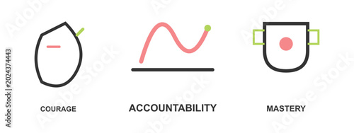 Foto Set of 3 vector icons for business concepts of courage, accountability, and mastery