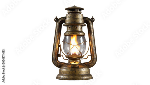 Photos Antique brass kerosene lantern with glowing flame, isolated on transparent backg