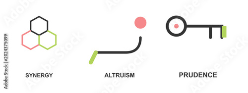 Fotografía Synergy, altruism, and prudence, three colorful icons showing various abstract concepts