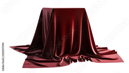Foto Deep red velvet fabric draped over a square pedestal, isolated on transparent ba