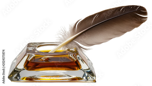 Fotografie Brown feather quill resting in a glass inkwell filled with amber liquid, isolate