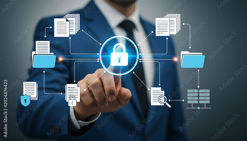 Obraz premium Businessman touching cyber security icon for data protection and privacy control