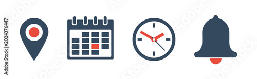 Φωτογραφία map location pointer sign, calendar reminder date icon, clock time symbol, bell