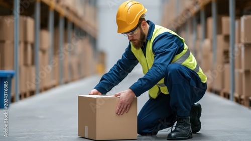 Man with safety helmet and vest handling cardboard box in large warehouse aisle with industrial shelving and storage racks in busy logistics environment