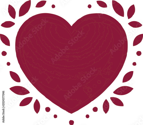 Heart symbol featuring a decorative leaf wreath border appears in a minimalist graphical style.