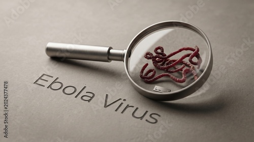 Ebola virus under a magnifying glass, representing scientific research and disease investigation