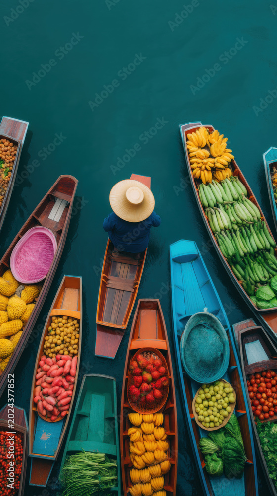 Fototapeta premium Floating market wooden boat tropical fruit banana water vendor Floating market vendor wooden boat calm water with tropical fruit, banana