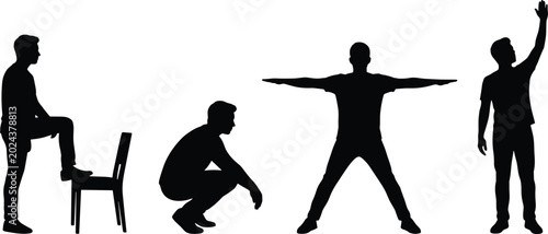 Photos Black silhouette set of man in various poses sitting squatting stretching and st