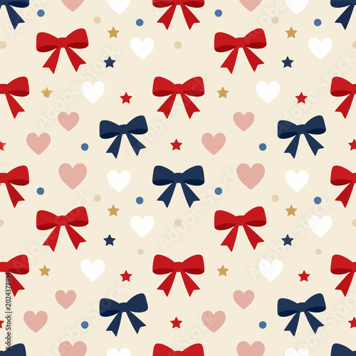 Minimal patriotic seamless pattern with ribbon bows, tiny stars, hearts and dots in a cute girly red white blue palette, modern flat vector design ideal for fabric, wrapping paper, sublimation, appare
