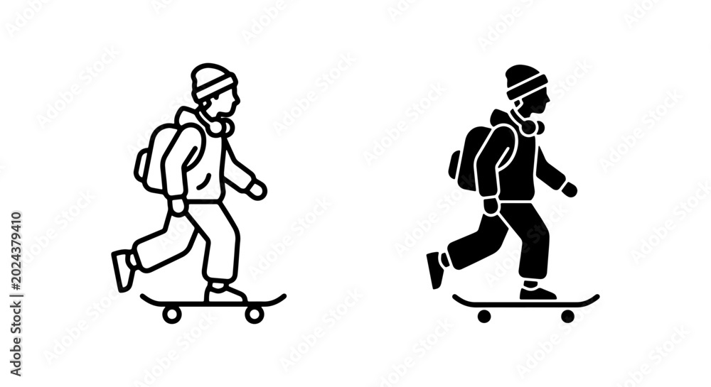 Fototapeta premium Skateboarder Icon Set, Outline and Silhouette, Youthful Urban Lifestyle, Active Outdoor Sport