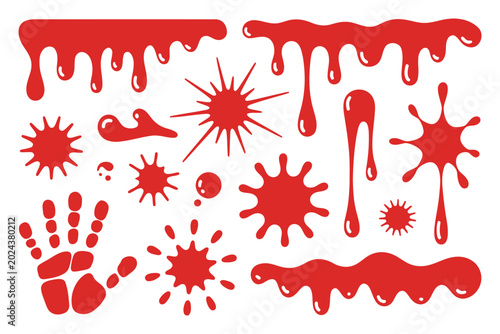 Red splatters drips and handprint on white background