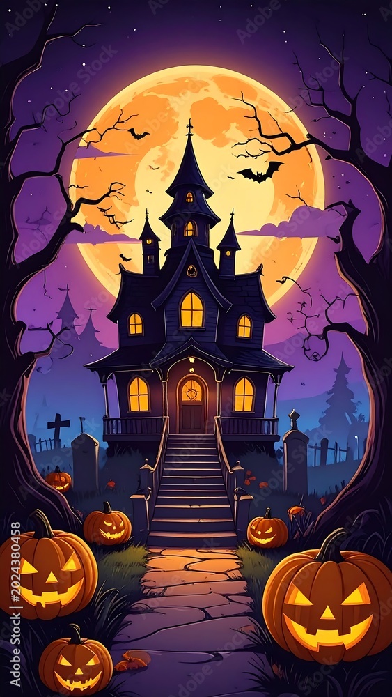 Fototapeta premium Spooky haunted house with glowing pumpkins under a full moon at night