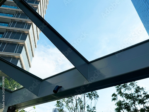 Laminated glass canopy steel structure.