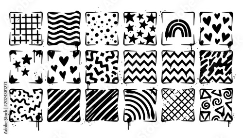 Obraz na płótnie Square pattern stamps with hearts stars and rainbow icons in hand drawn ink styl