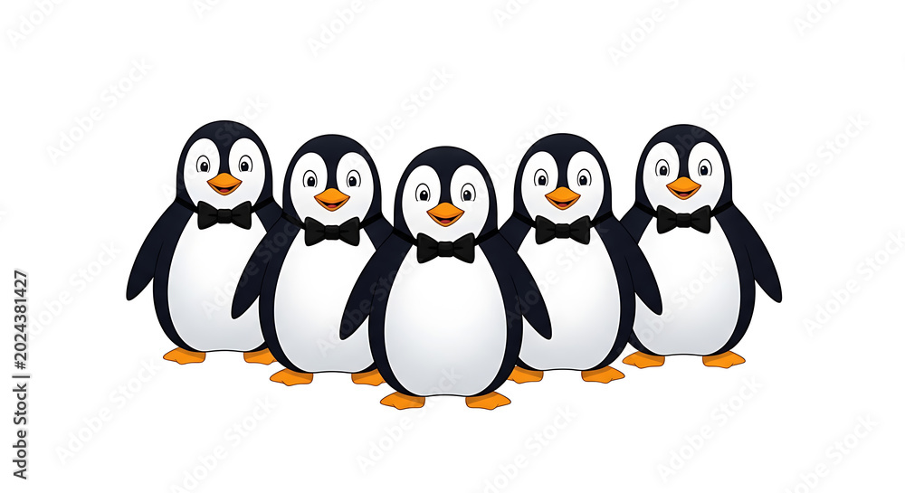 Naklejka premium Five cartoon penguins standing in a row with orange beaks and feet