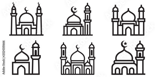 Collection of stylized mosque buildings with domes and minarets for religious icons.